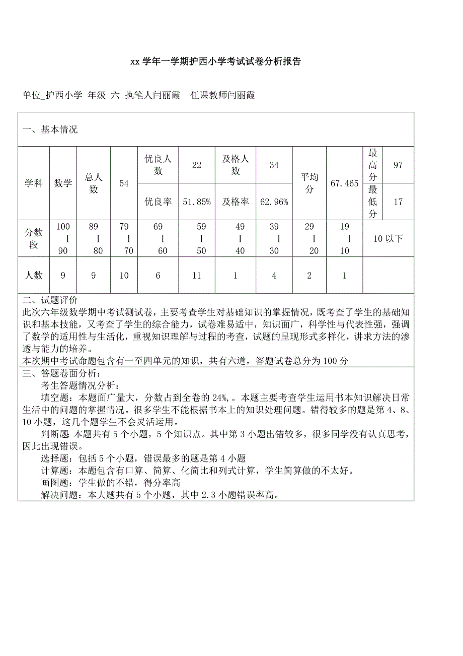 六年级期中考试数学试卷分析报告书_第1页