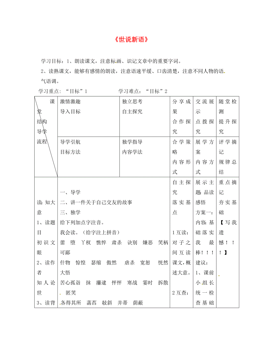 陕西省宝鸡市千阳县南寨镇初级中学七年级语文上册第8课世说新语导学案无答案新人教版_第1页