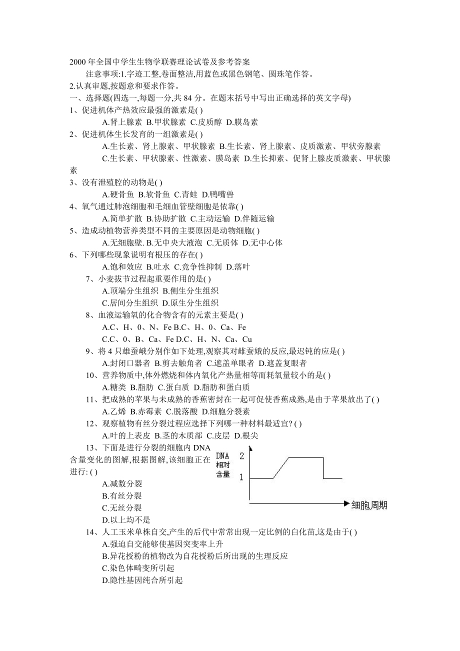 2000-2010年全国中学生生物学联赛真题.doc_第1页