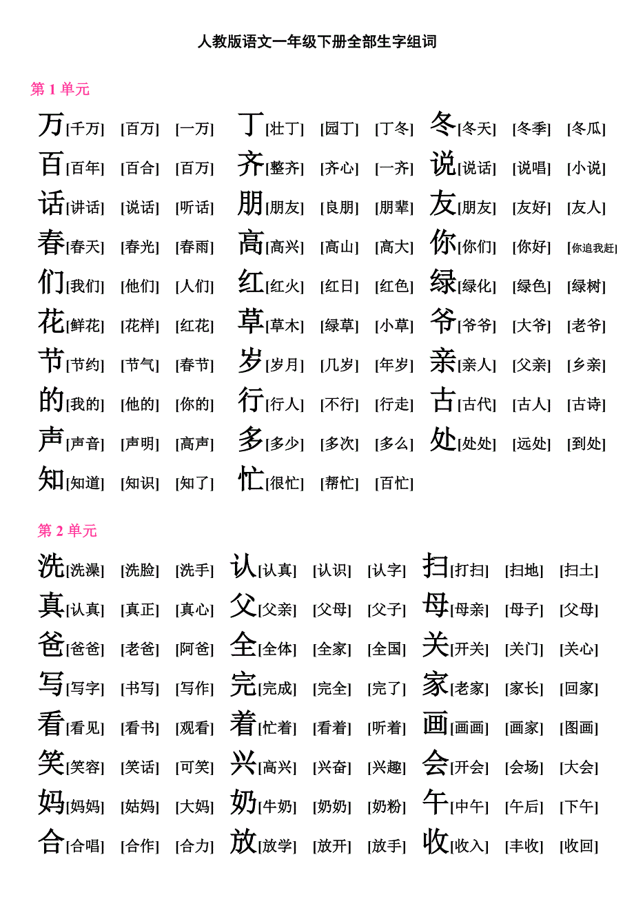 人教版语文一年级下册全部生字组词_第1页