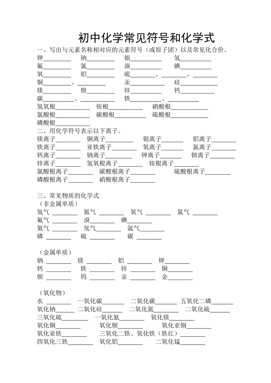 初中化学常见符号和化学式_第1页