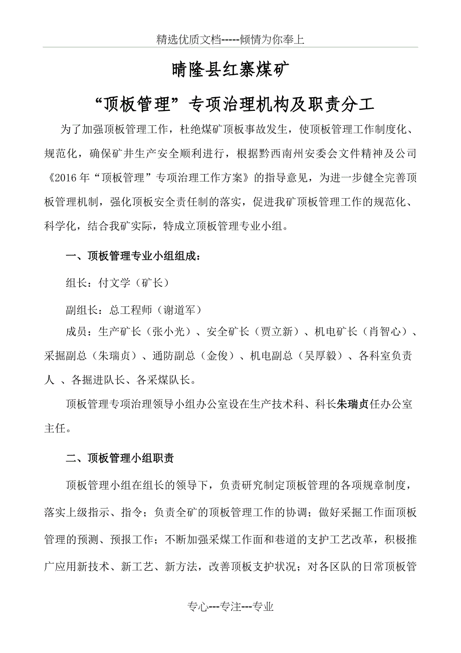 2016年红寨煤矿矿顶板管理专业小组组织机构及职责分工_第2页