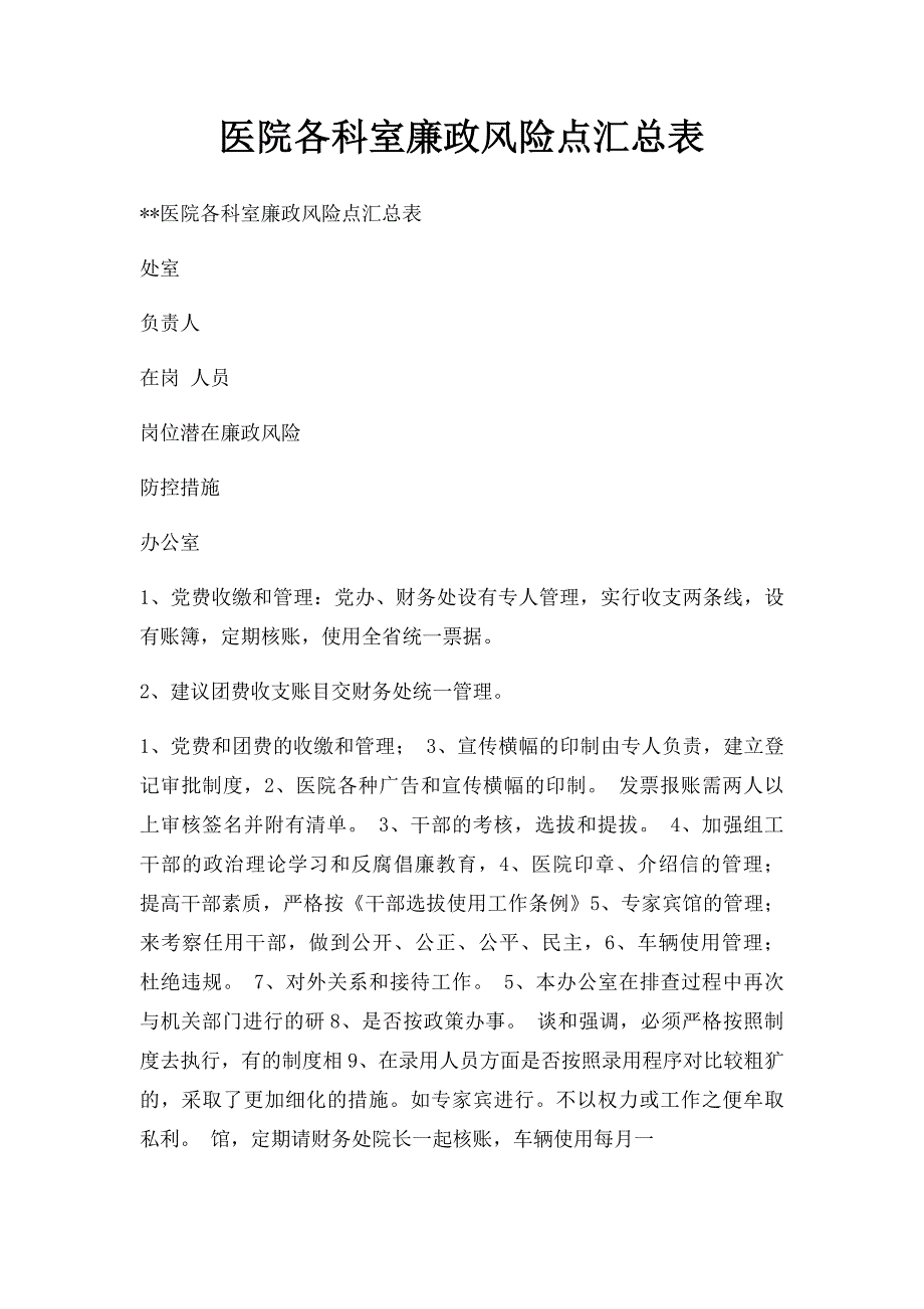 医院各科室廉政风险点汇总表_第1页