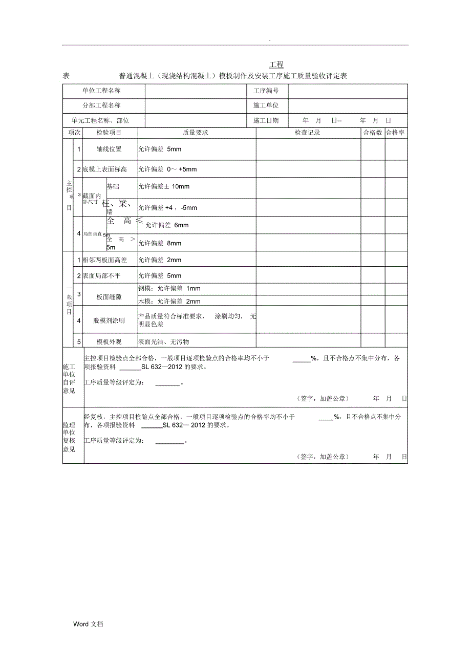 模板工序质量评定表--2017年水利工程_第4页