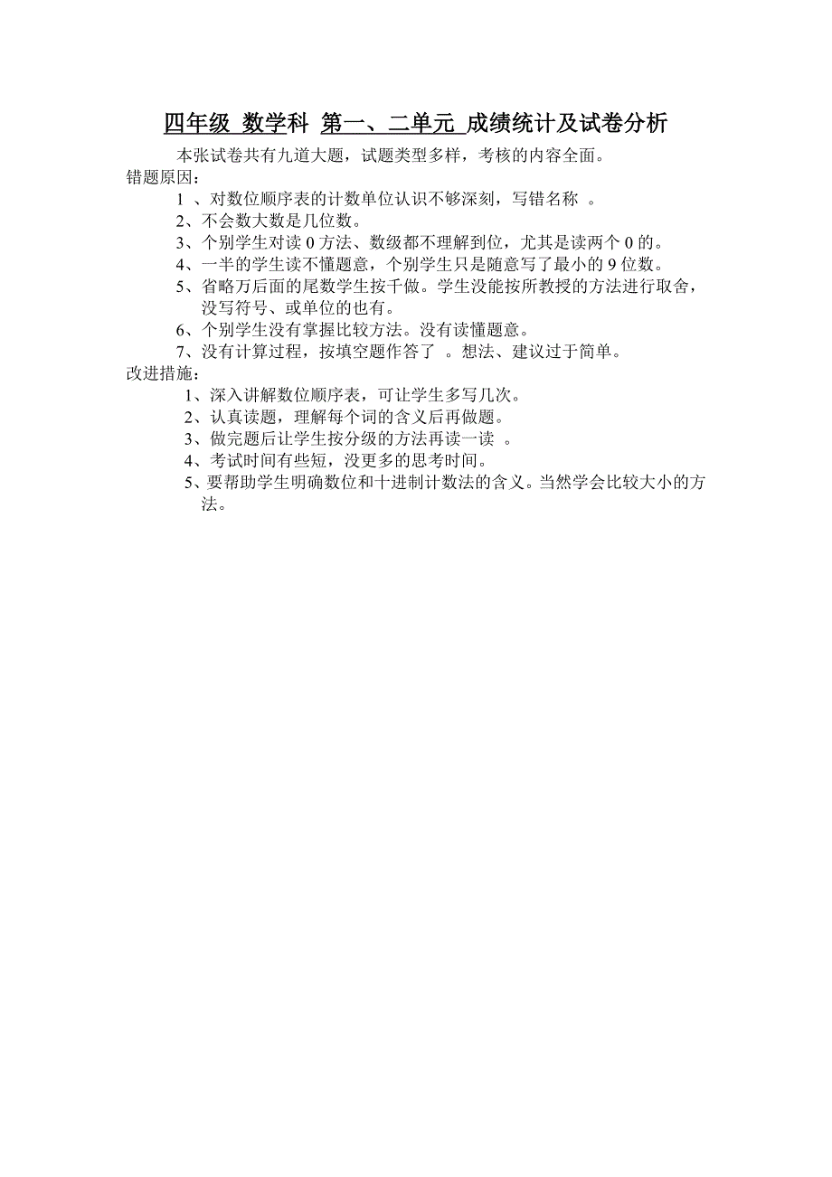 四年级数学科第一单元试卷分析_第1页