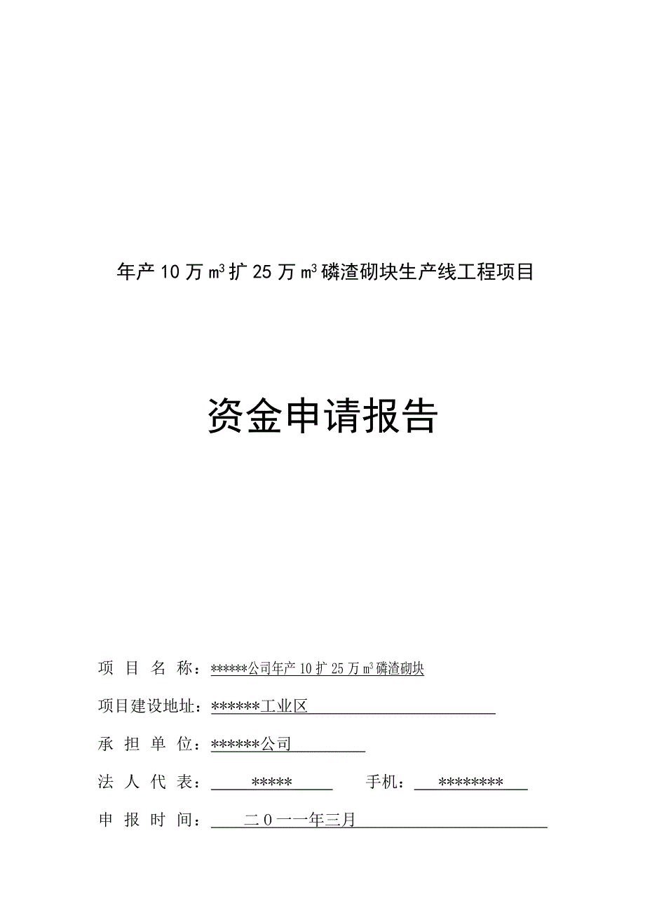 10万m3扩25万m3磷渣砌块生产线工程建设项目资金申请报告.doc_第1页