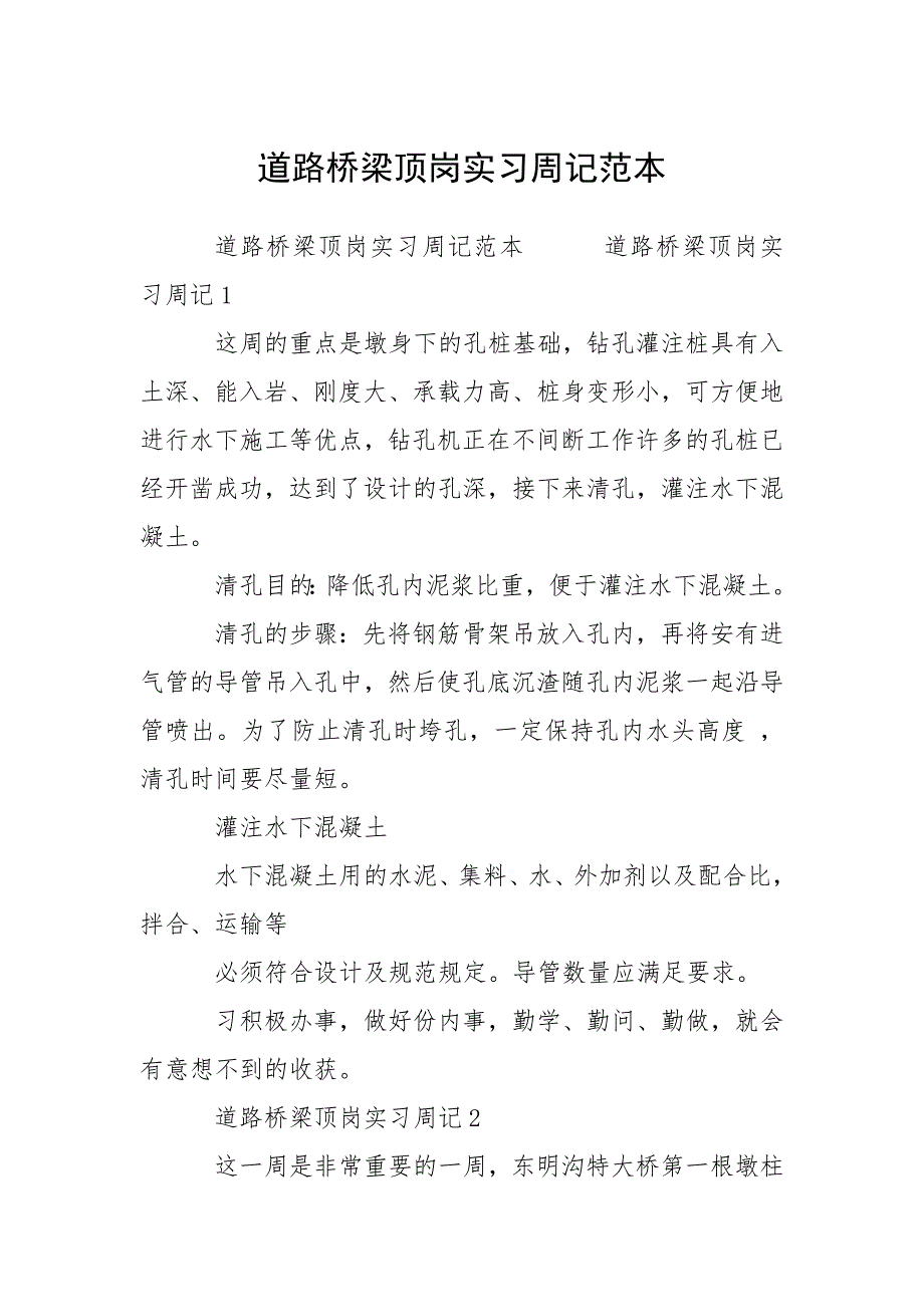 道路桥梁顶岗实习周记范本.docx_第1页