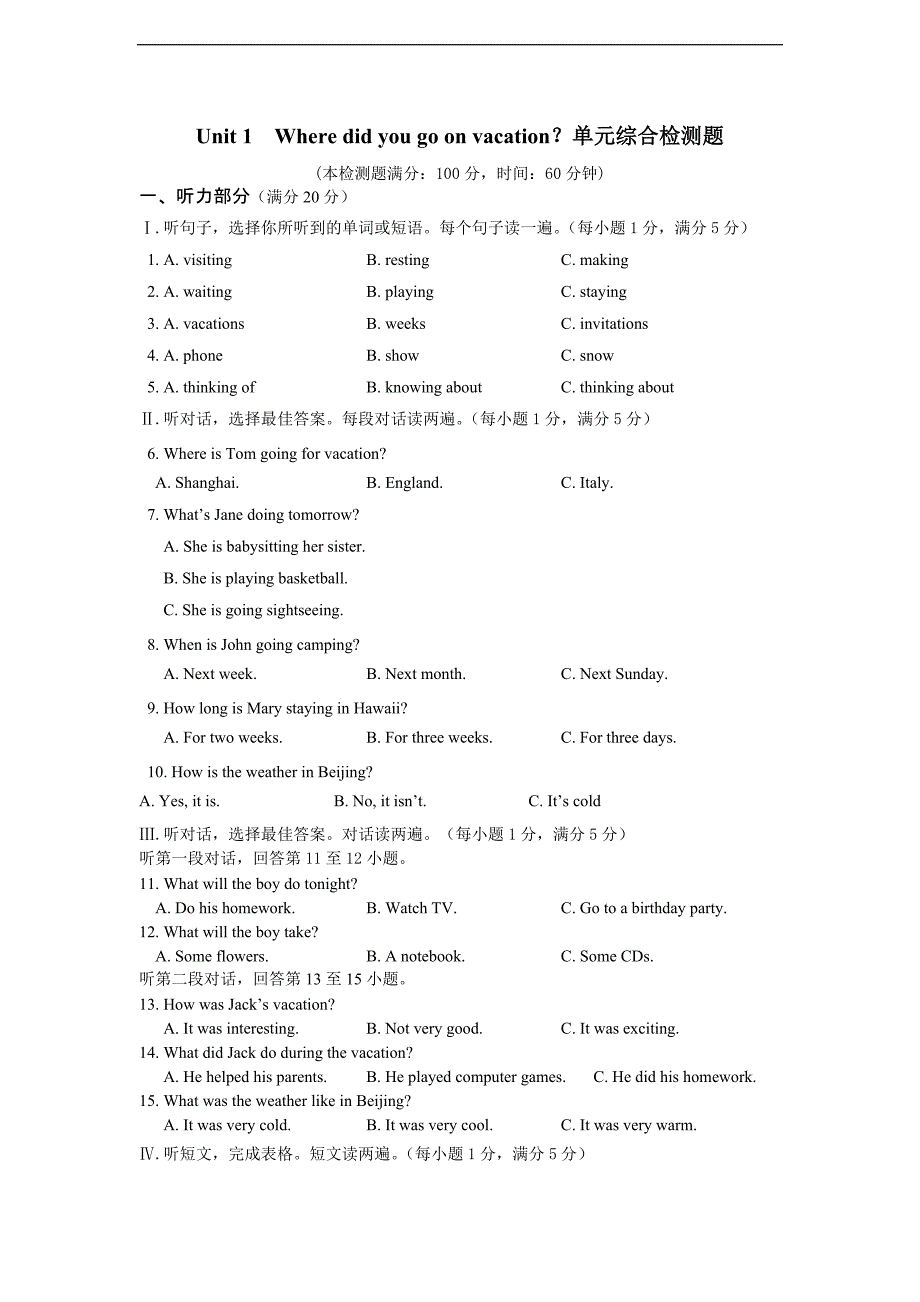 Unit1Wheredidyougoonvacation？单元综合检测题_第1页