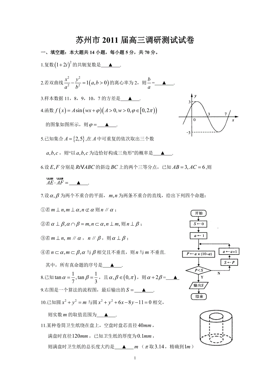 2011年江苏省苏州市高三调研测试试卷数学_第1页