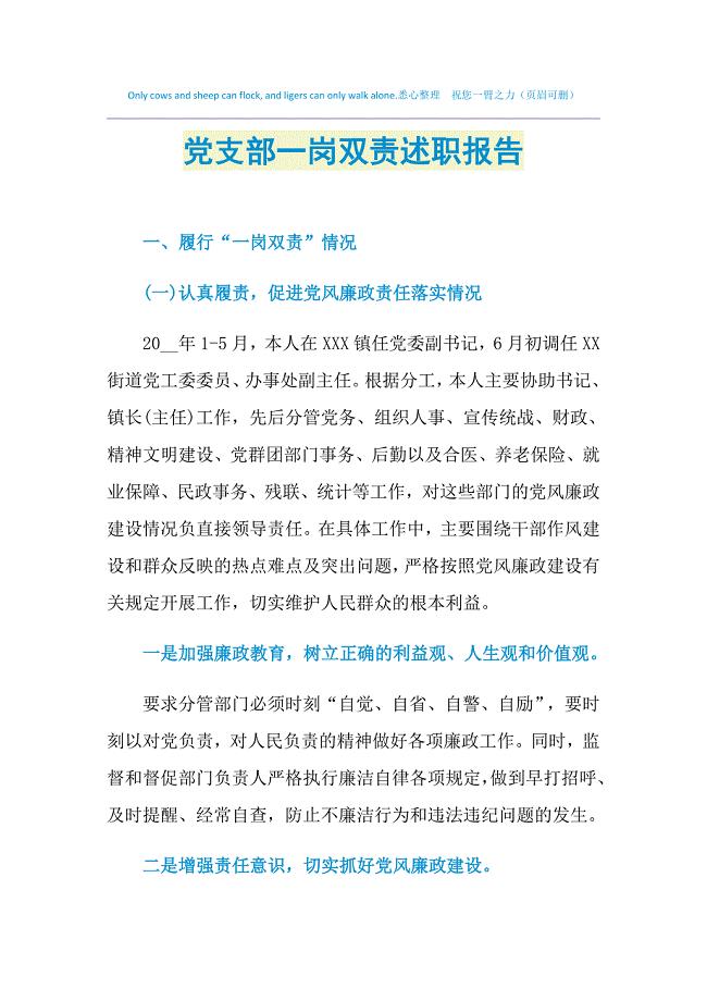 2021年党支部一岗双责述职报告