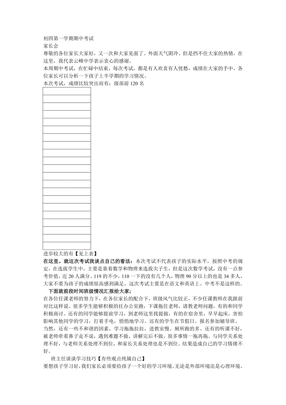 初中毕业班家长会第一学期期中考试后_第1页