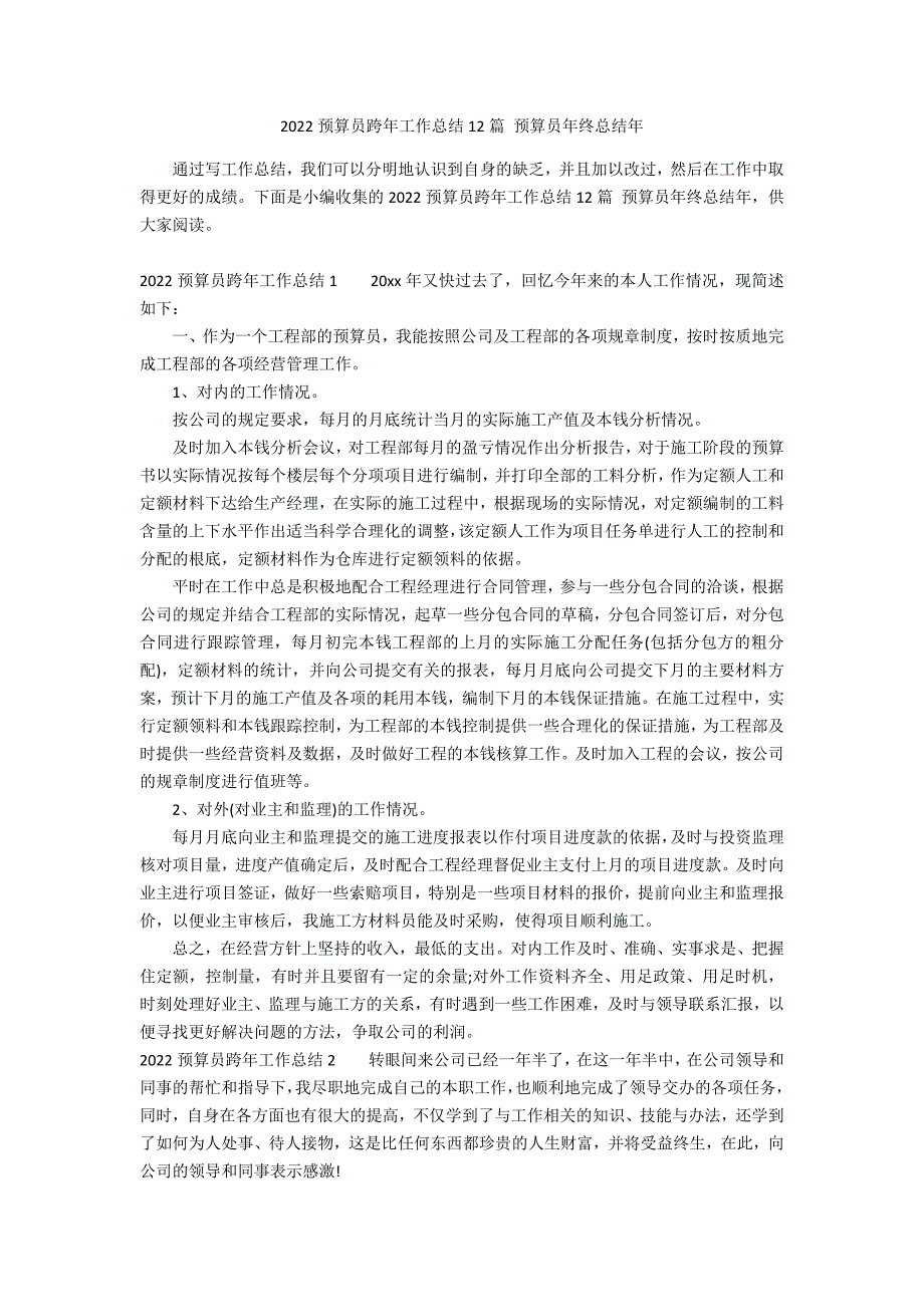 2022预算员跨年工作总结12篇 预算员年终总结年_第1页