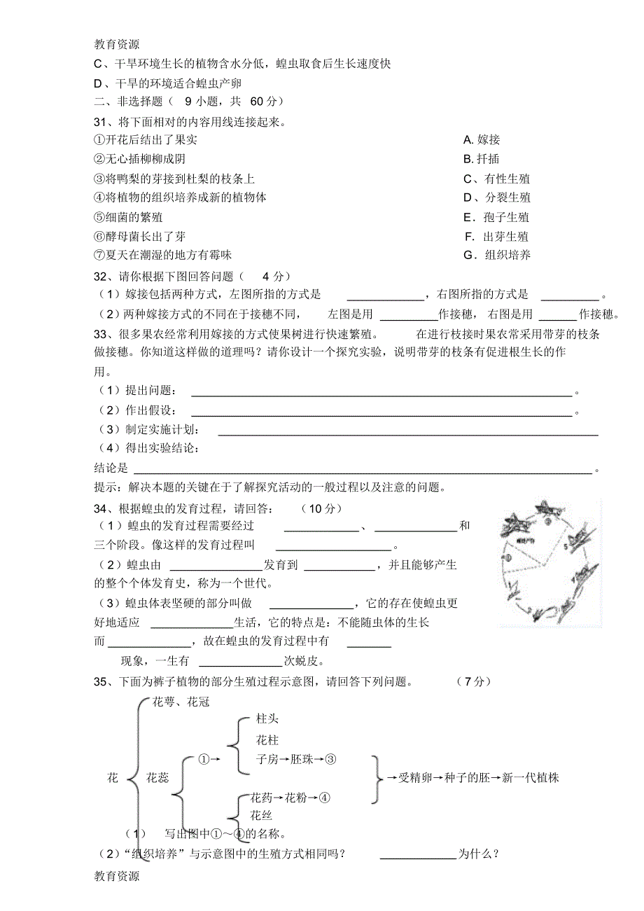 【教育资料】湖南省溆浦县仲夏乡中学2018年上学期人教版八年级生物下册7.1生物的生殖单元测试(无答案)学_第3页