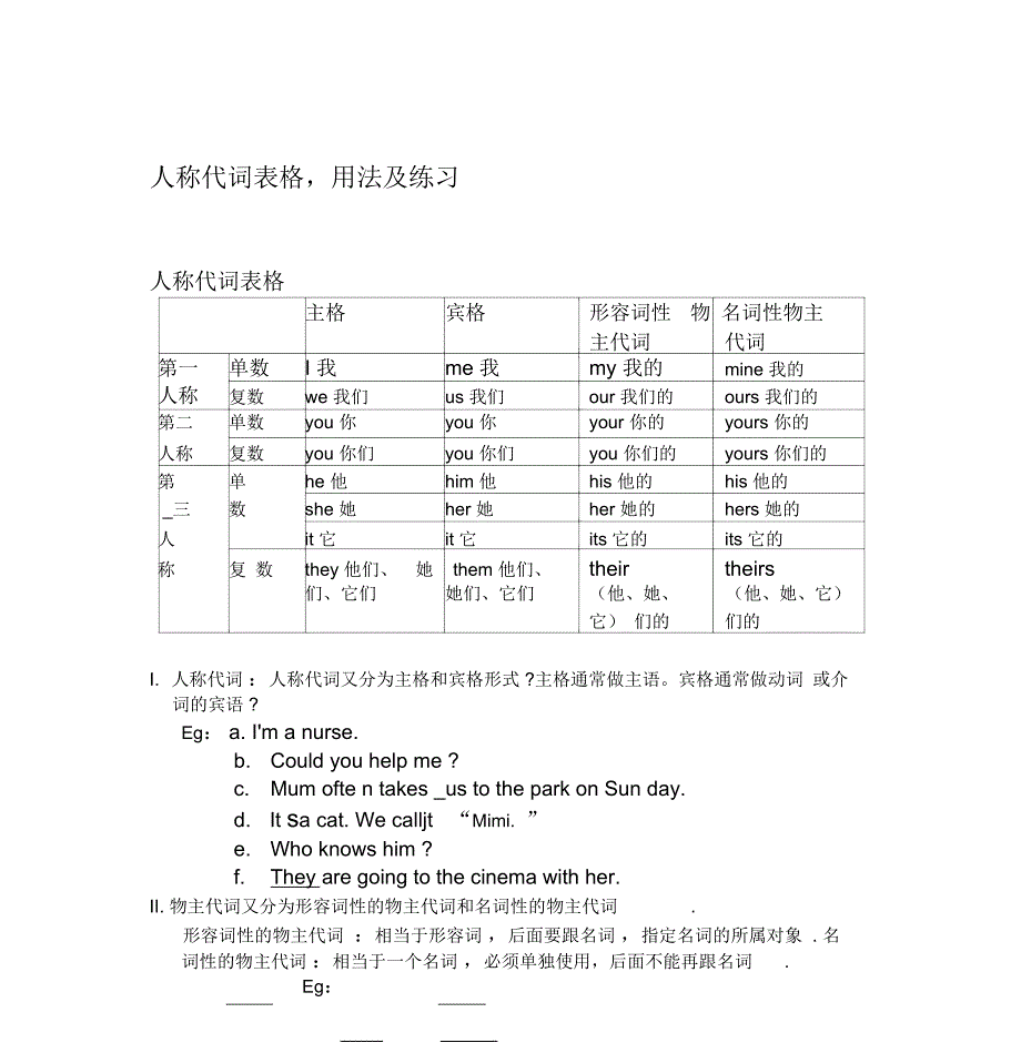 人称代词表格,用法练习(新整理)_第1页