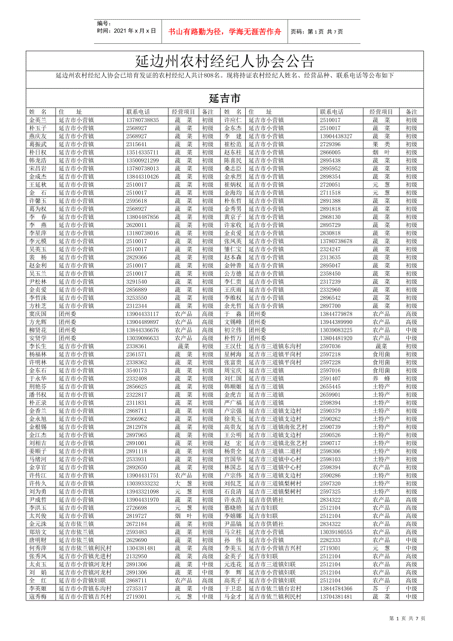 延边州农村经纪人协会公告-＝延边农业信息网＝_第1页