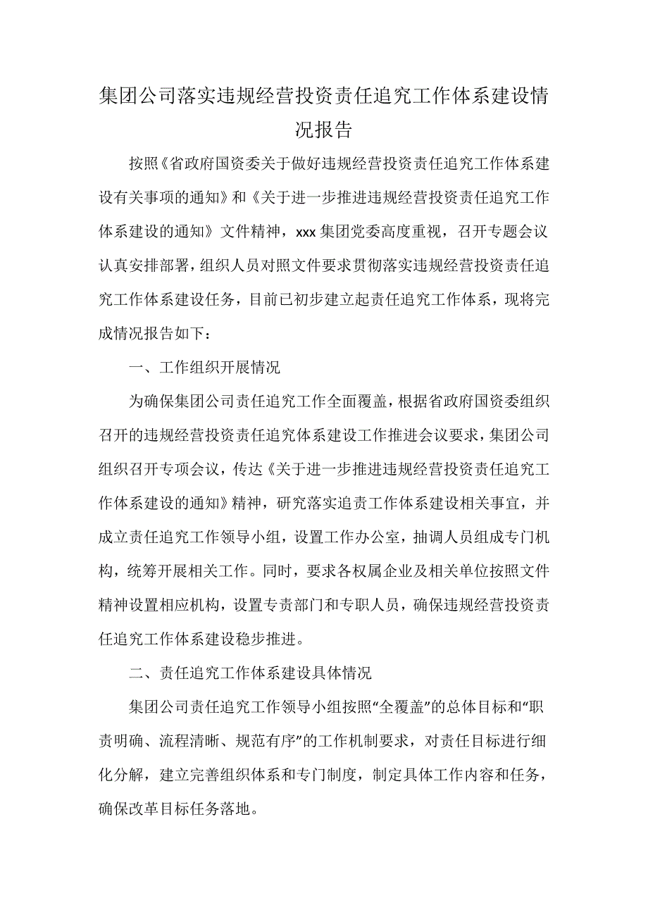 集团公司落实违规经营投资责任追究工作体系建设情况报告_第1页