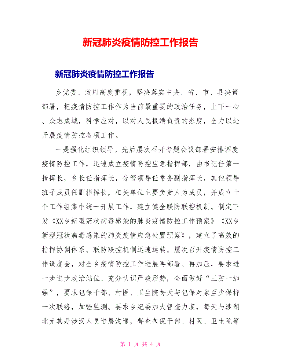 新冠肺炎疫情防控工作报告_第1页