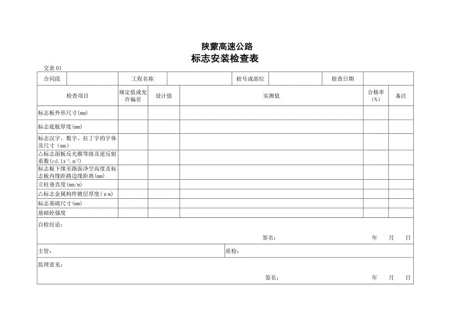 【交通工程用表】标志安装检查表