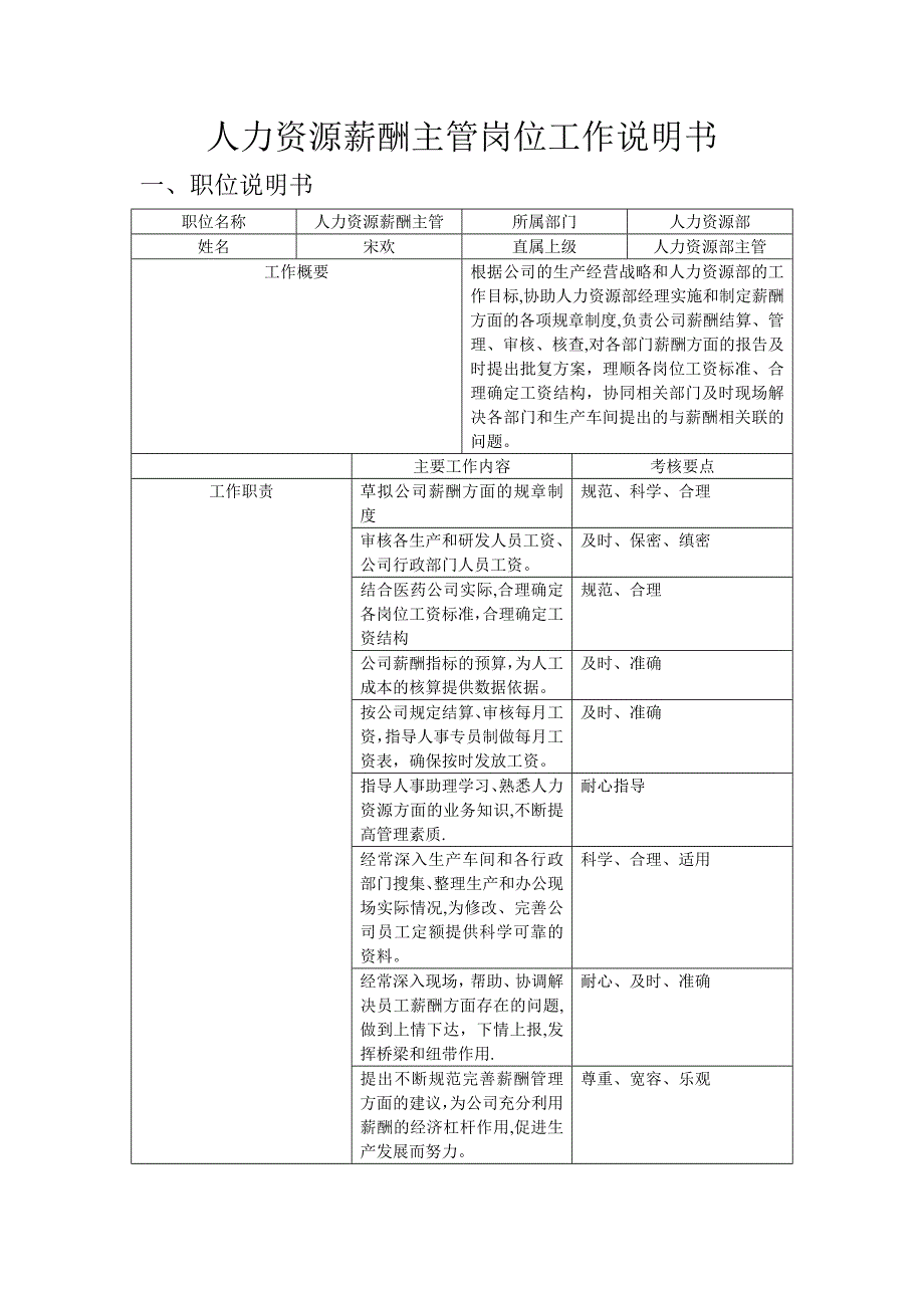 人力资源薪酬主管岗位工作说明书.doc_第1页