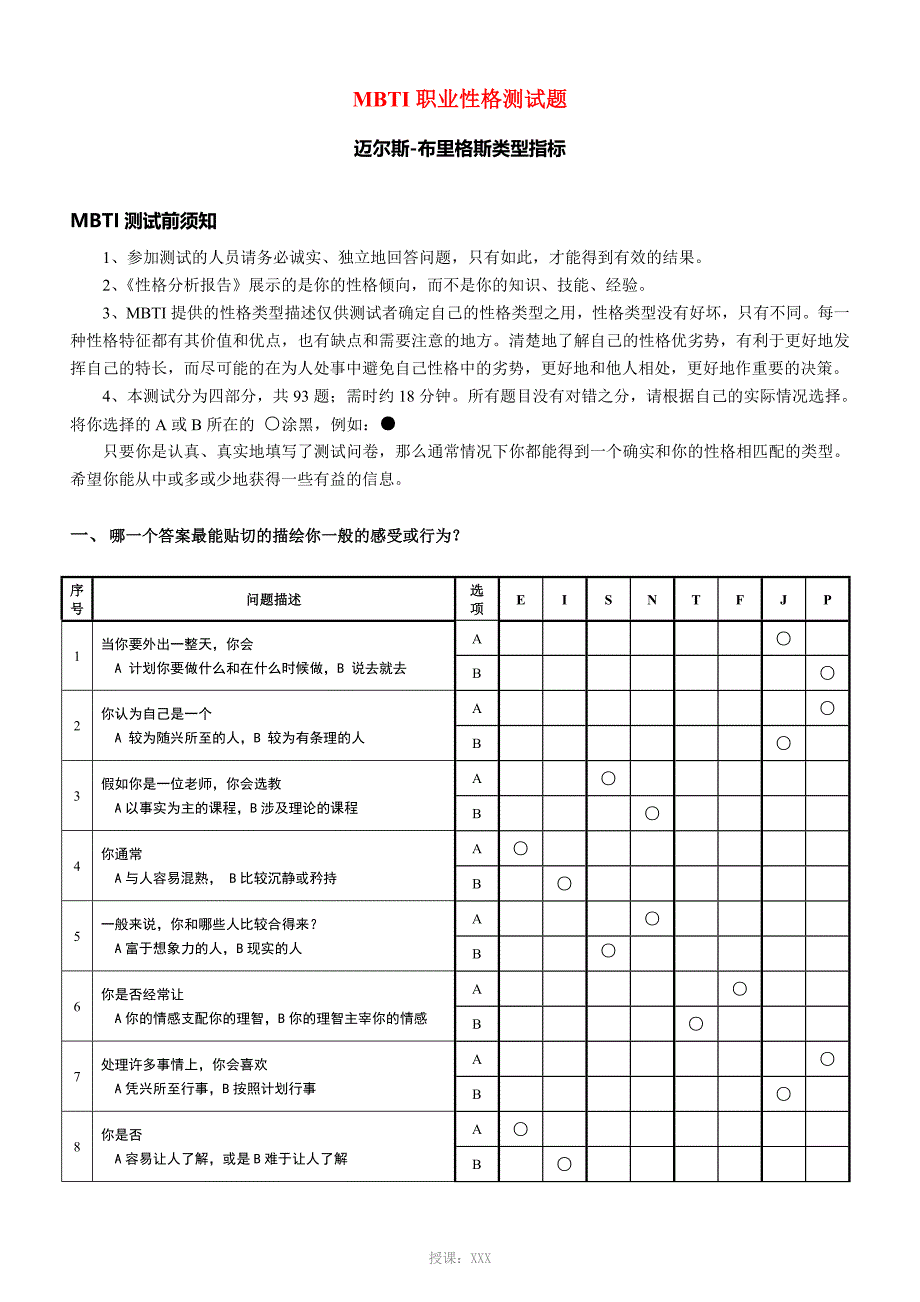 MBTI职业性格测试题(全面-含答案解释)_第1页