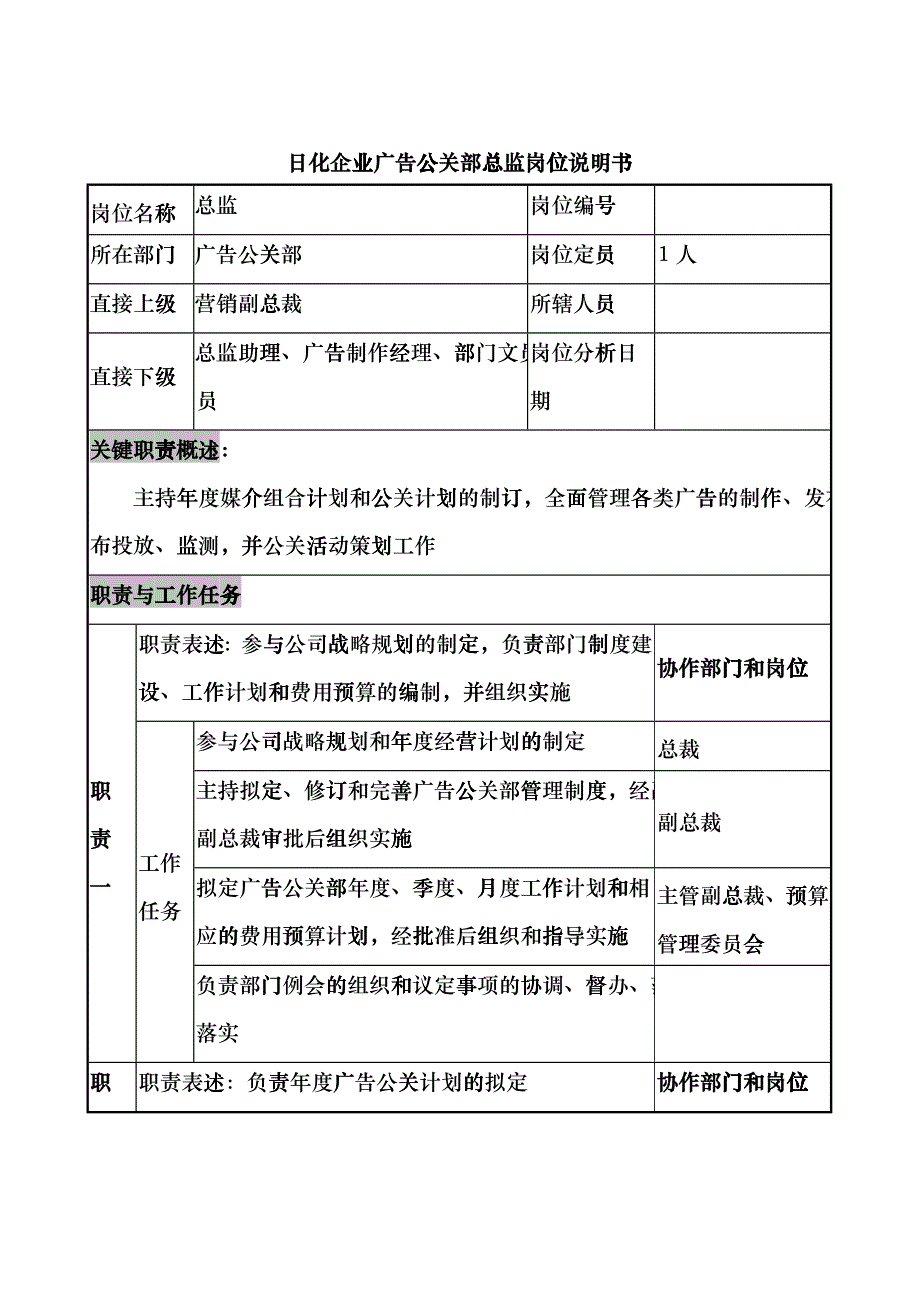 日化企业广告公关部总监岗位说明书fqsz_第1页