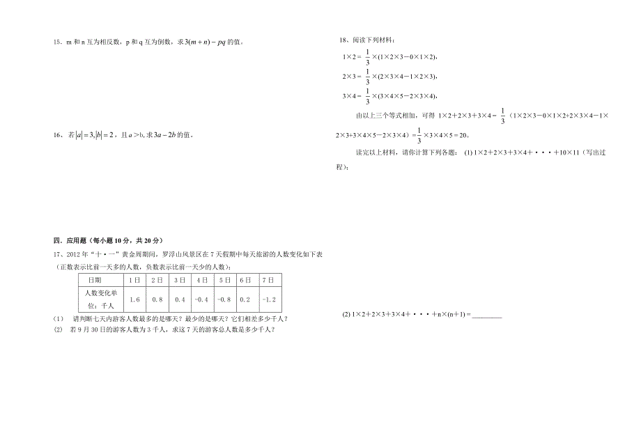 2020年人教版 小学7年级 数学上册第1章有理数单元试题及答案_第2页