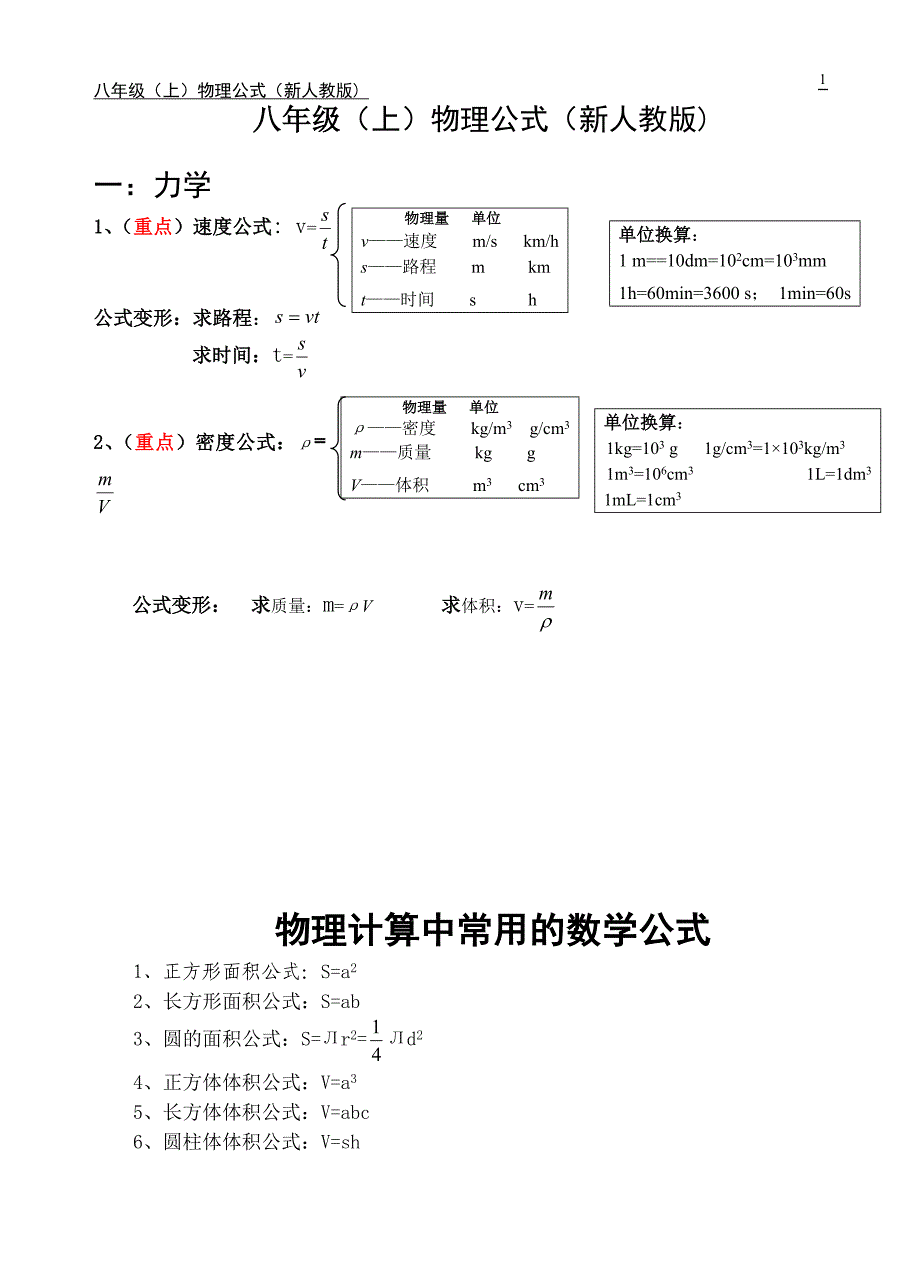 八年级（上）物理公式（新人教版)_第1页