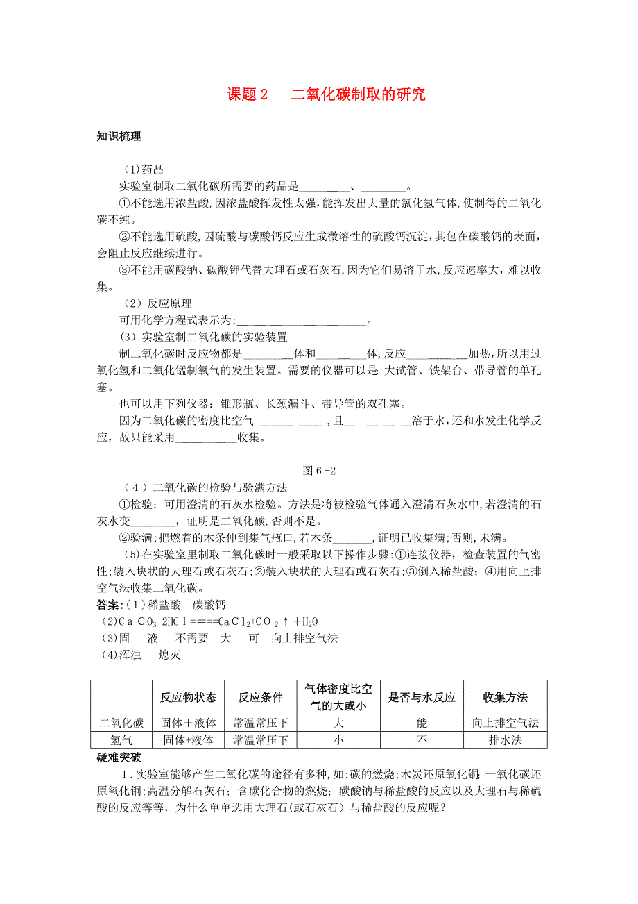 中考化学考点知识梳理与疑难突破第六单元课题2二氧化碳制取的研究_第1页