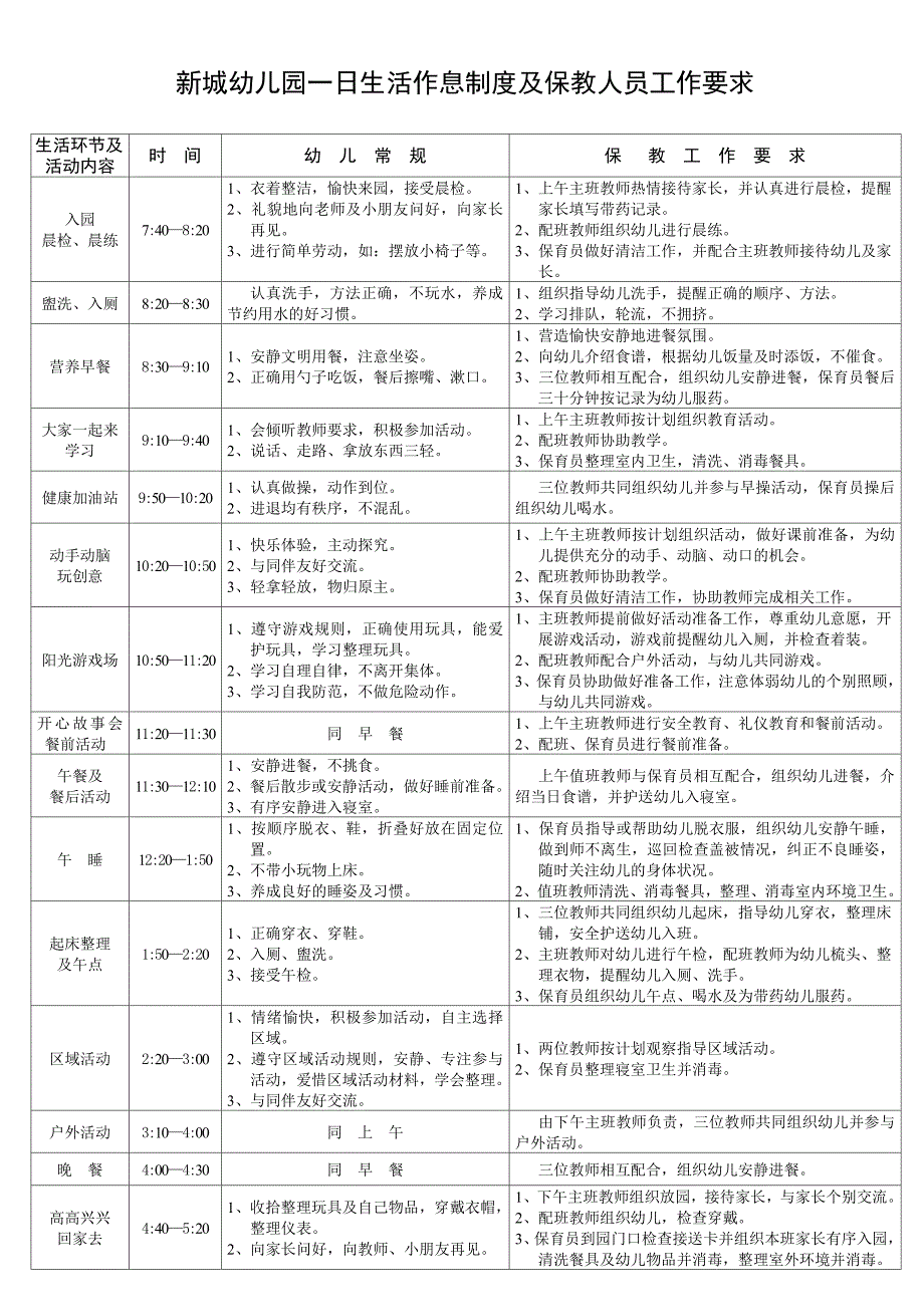 幼儿园一日生活作息时间及工作要求_第1页