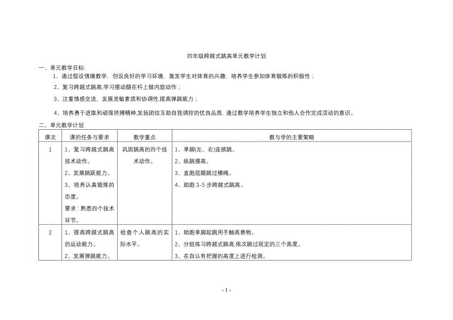 四年级跨越式跳高单元教学计划.doc_第1页