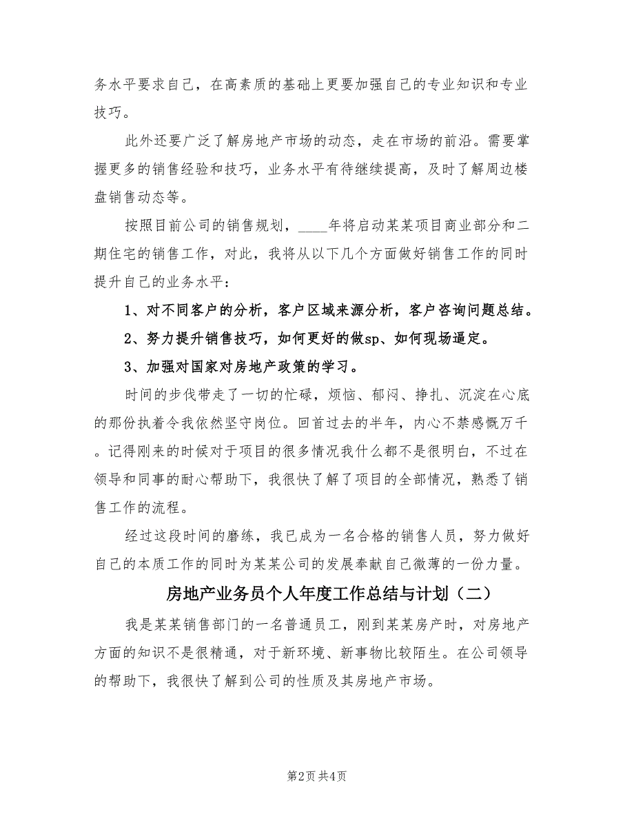 房地产业务员个人年度工作总结与计划（2篇）.doc_第2页