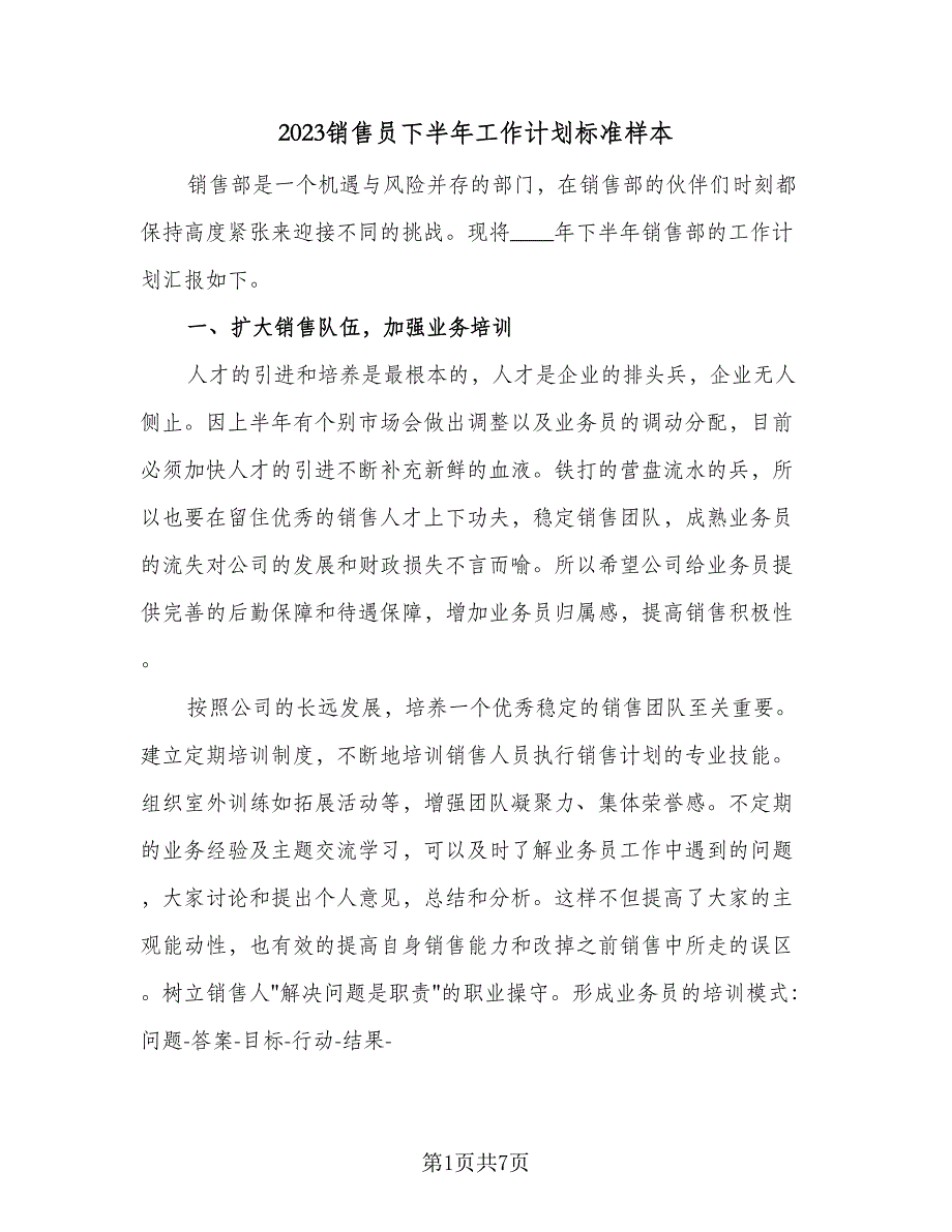 2023销售员下半年工作计划标准样本（二篇）.doc_第1页