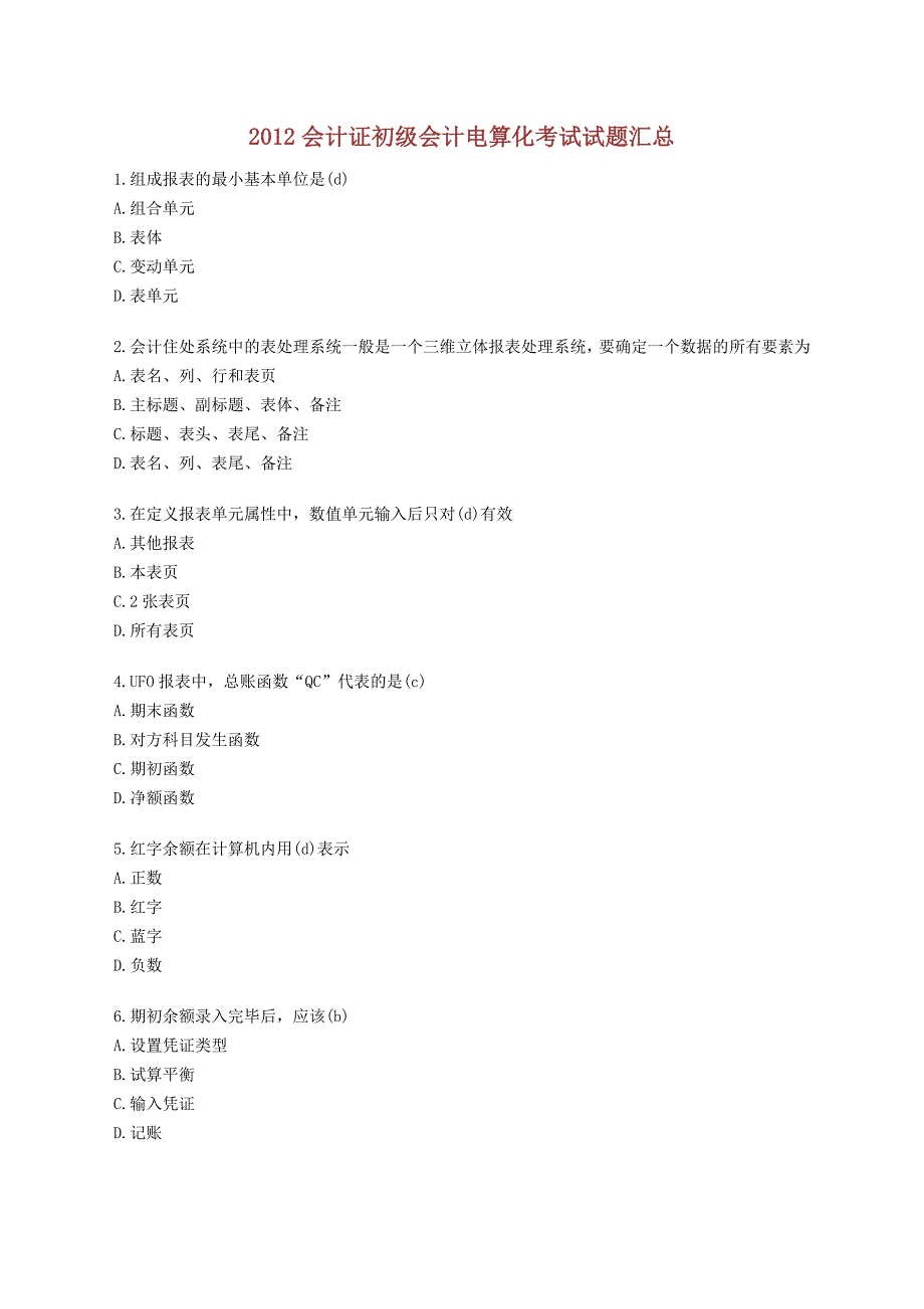 2012会计证初级会计电算化考试试题汇总_第1页