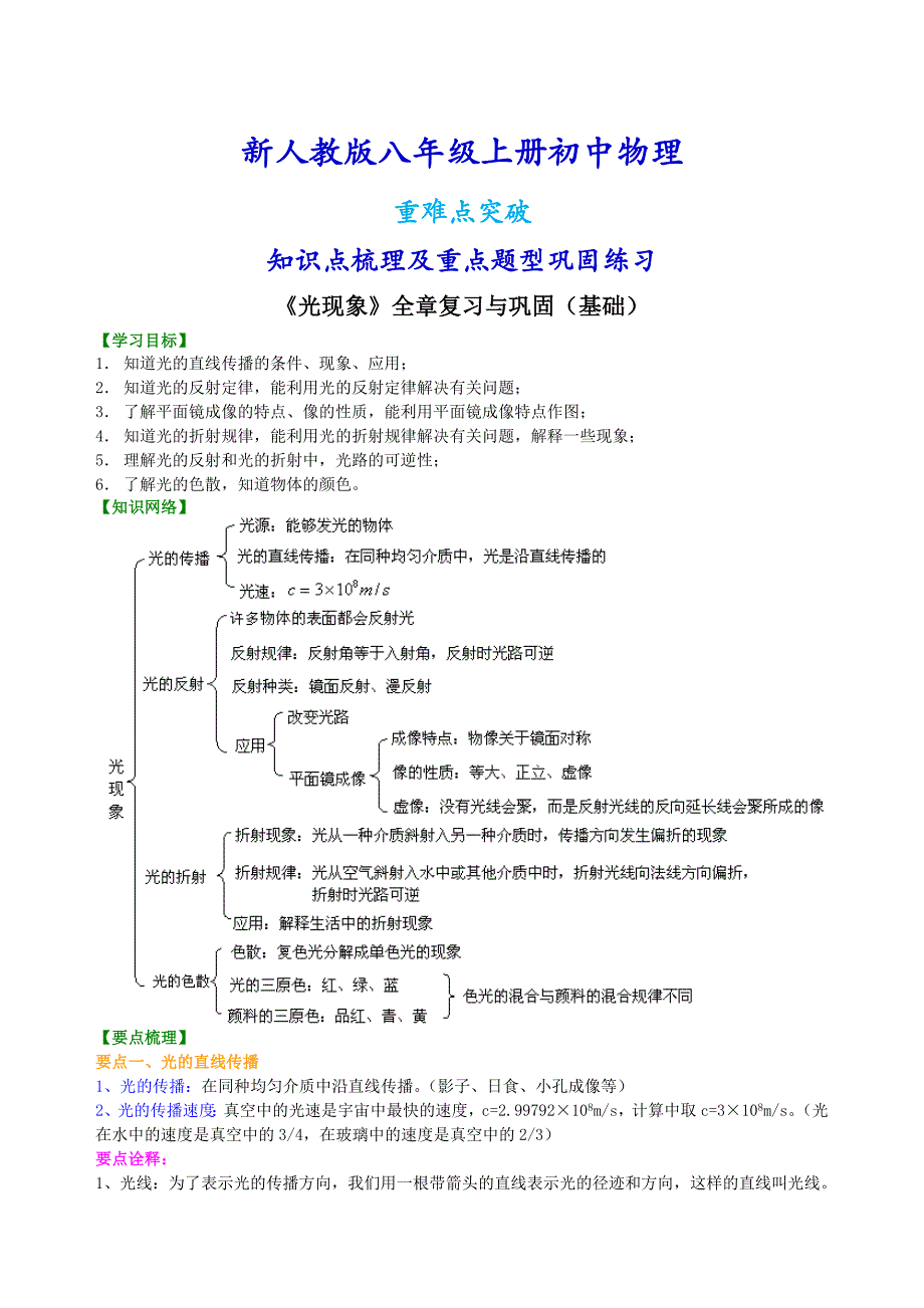 新人教版八年级上册物理《光现象》全章复习与巩固知识点整理及重点题型梳理_第1页