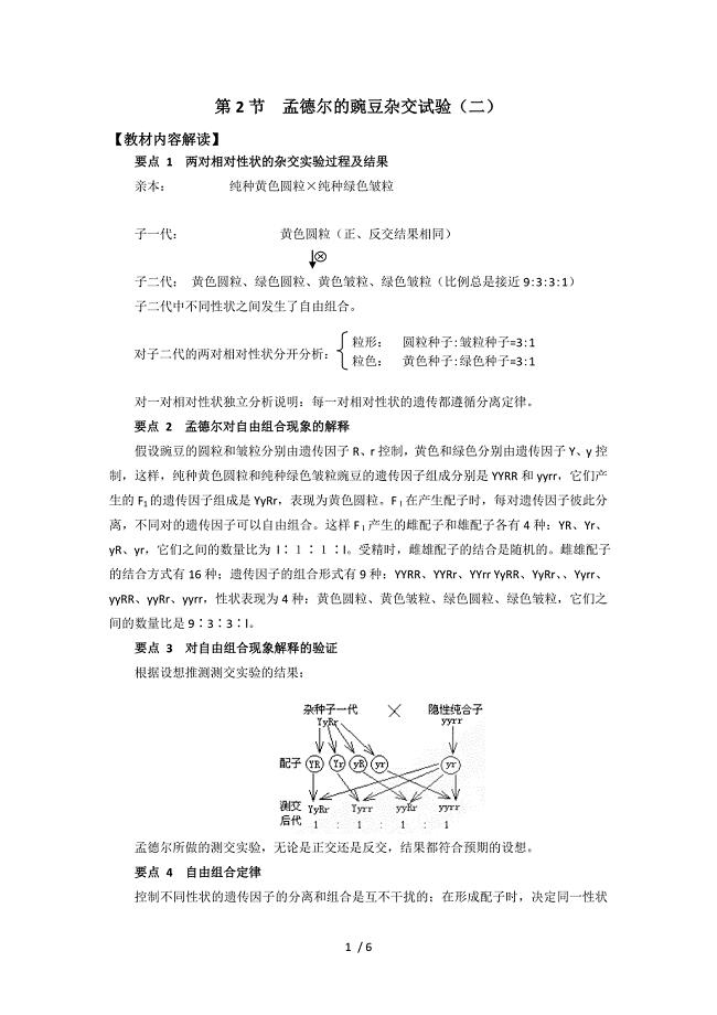 人教版生物孟德尔的豌豆两对相对性状杂交实验