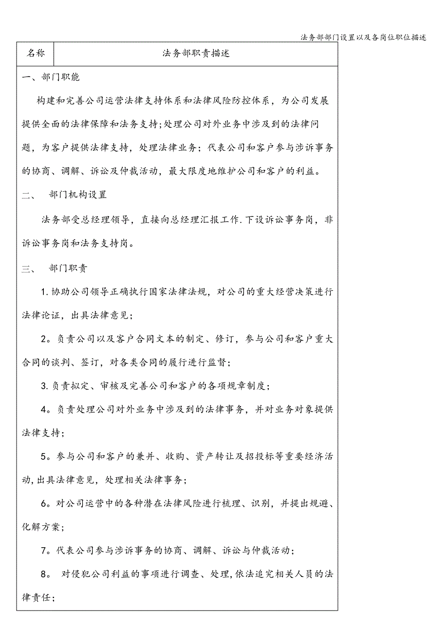 法务部部门设置以及各岗位职位描述_1_第1页
