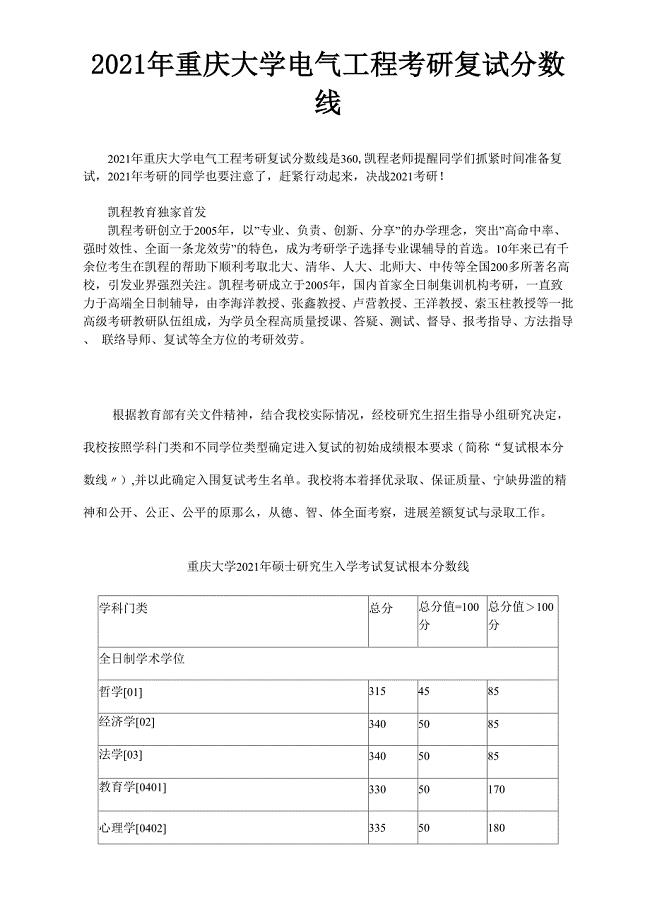 2021年重庆大学电气工程考研复试分数线