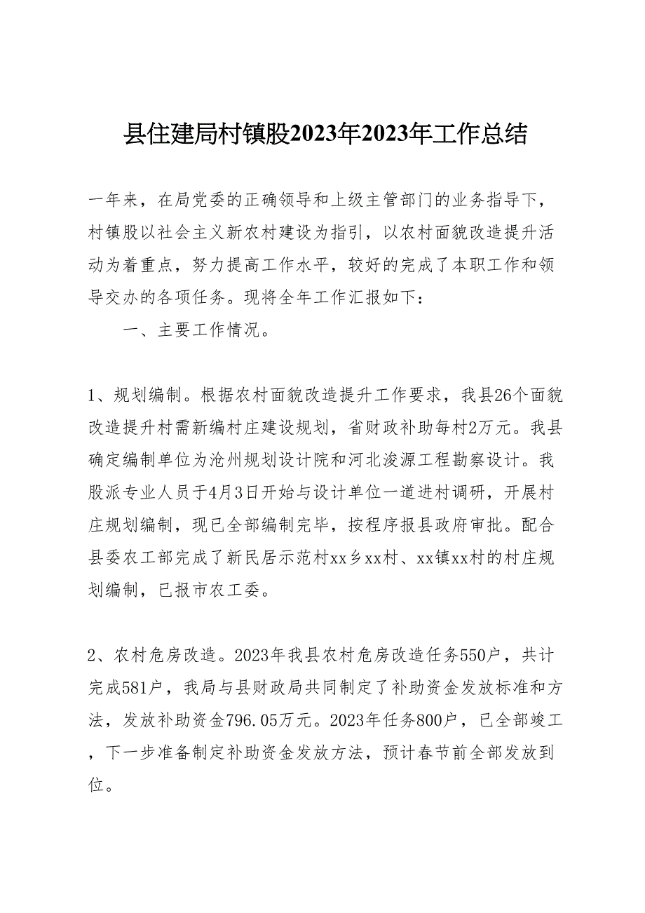 2023年X县住建局村镇股年工作汇报总结.doc_第1页