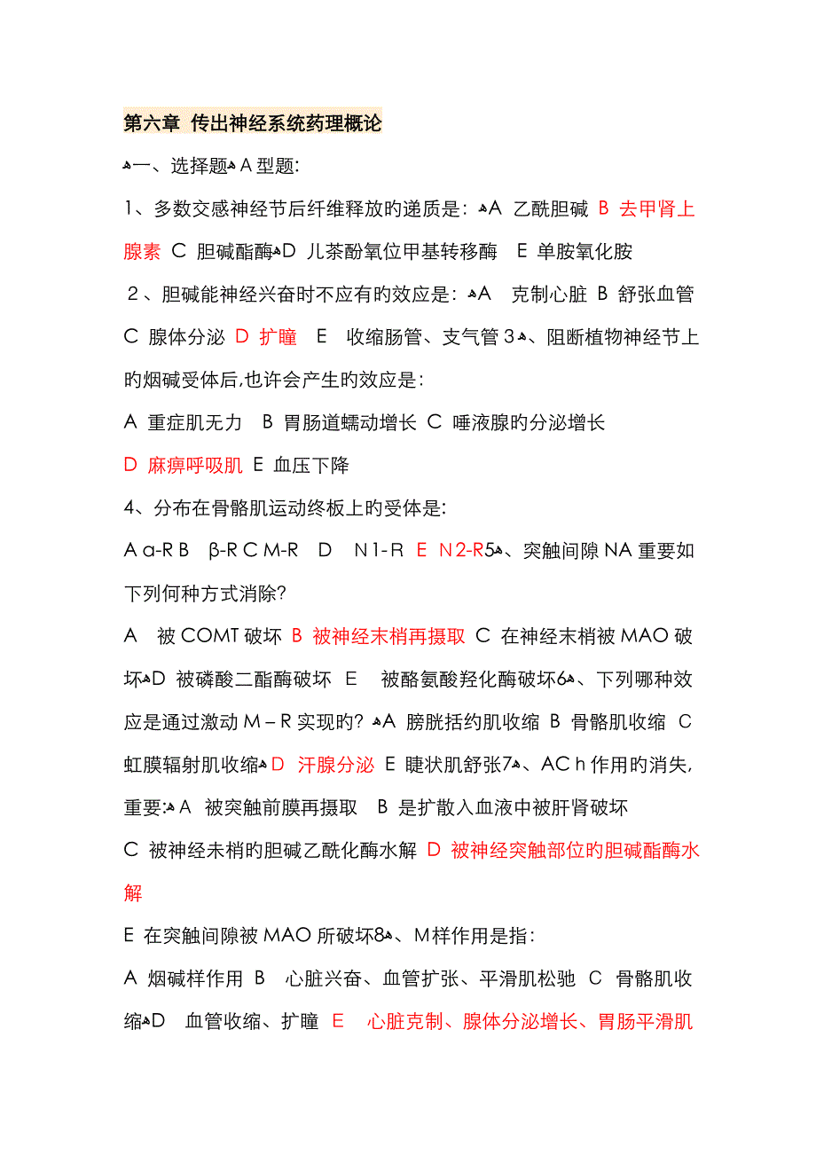 药理学考试重点精品习题 传出神经系统药理概论_第1页