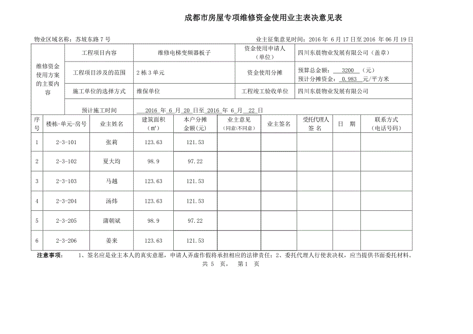 成都市房屋专项维修资金使用业主表决意见表.docx_第1页