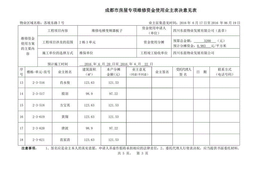 成都市房屋专项维修资金使用业主表决意见表.docx_第3页