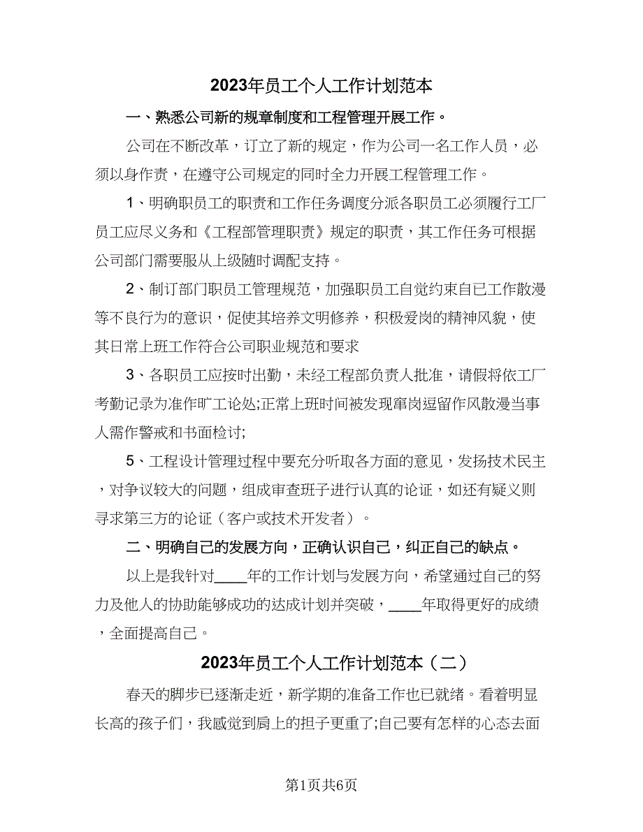 2023年员工个人工作计划范本（四篇）.doc_第1页