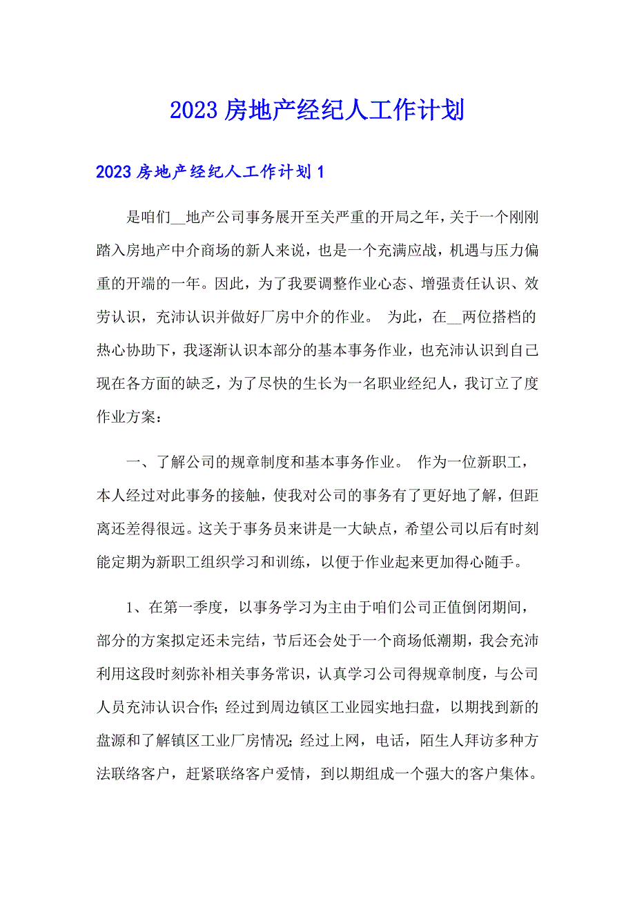 2023房地产经纪人工作计划_第1页