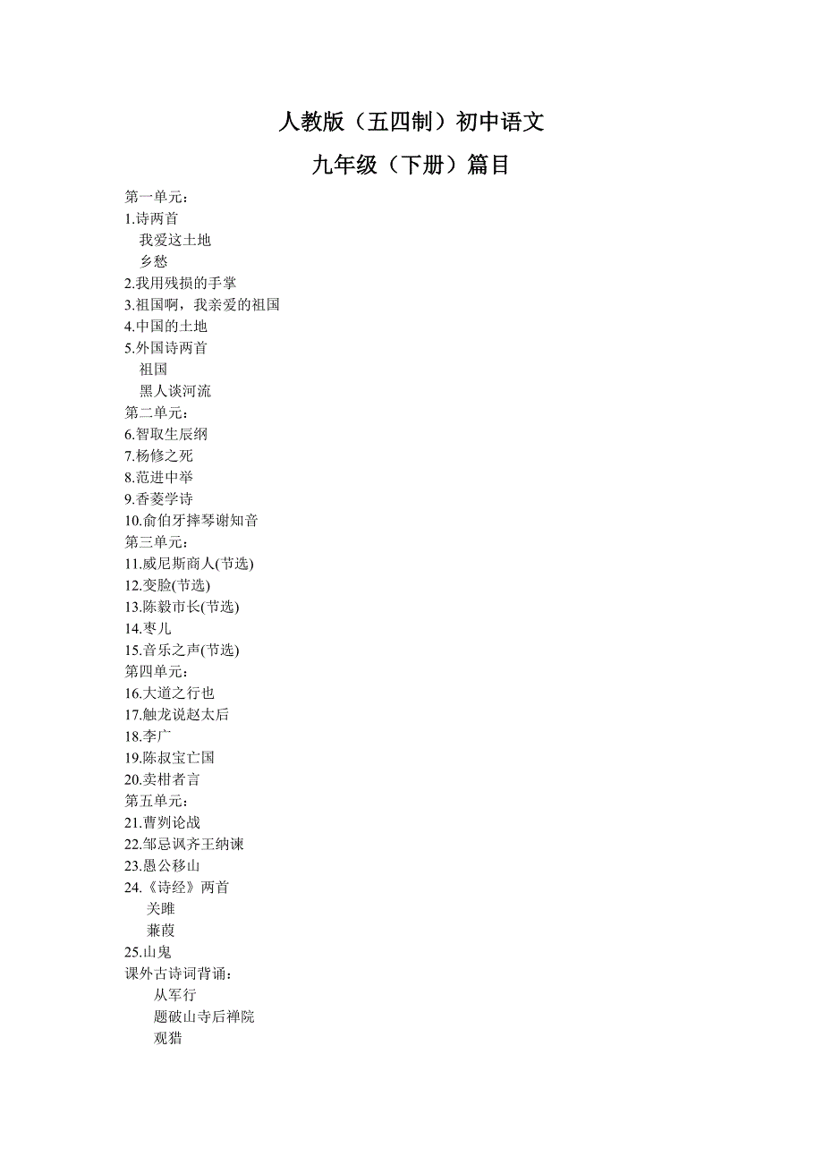 人教版(五四制)初中语文课程九年级下册篇目_第1页