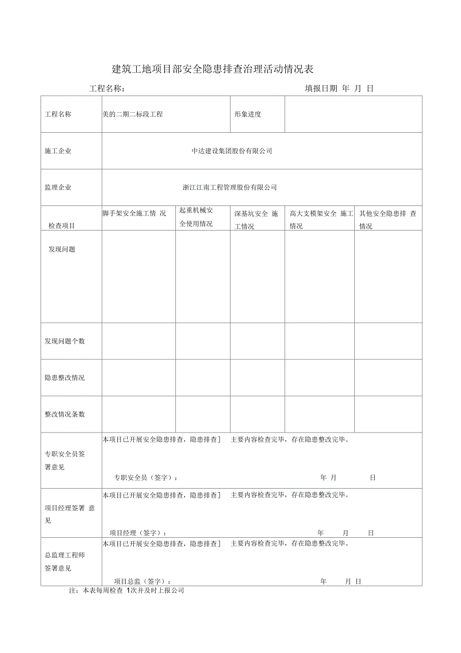 建筑工地项目部安全隐患排查治理活动情况表_第1页