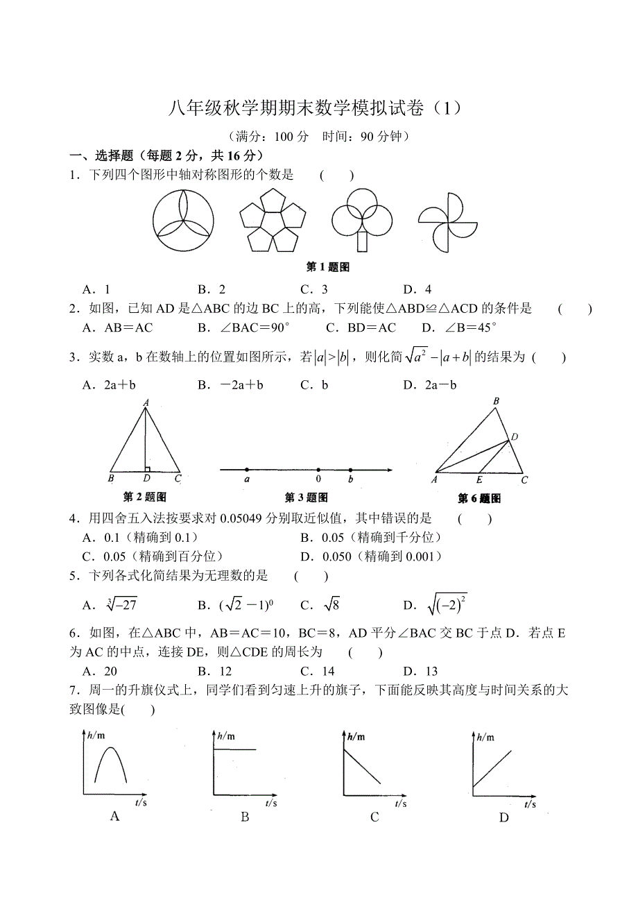 苏科版八年级上学期期末数学模拟试卷1及答案_第1页