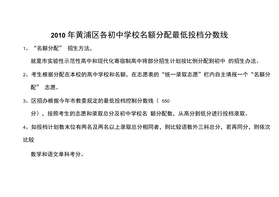 2010年黄浦区各初中学校名额分配最低投档分数线(精)_第1页