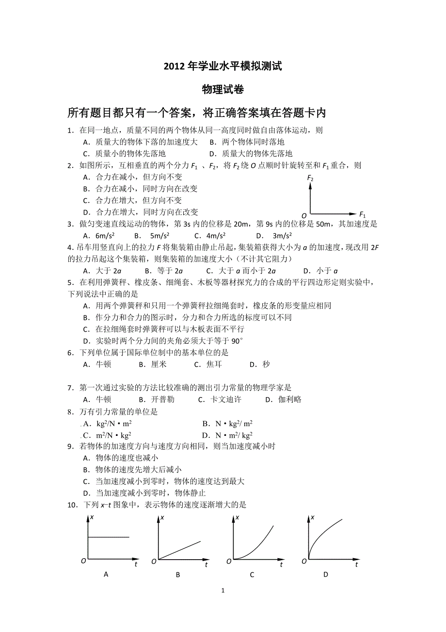 2012年学业水平模拟测试物理.doc_第1页