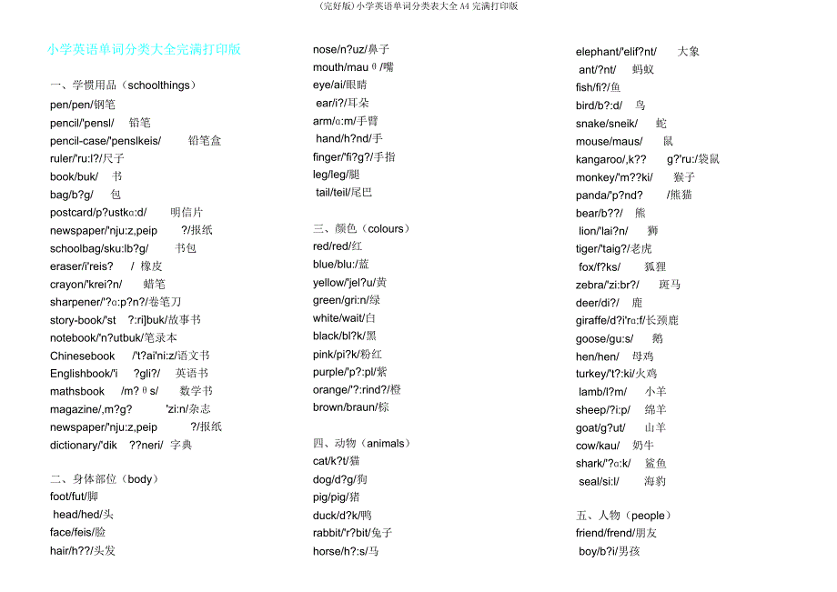 小学英语单词分类表大全A4完美打印版.docx_第1页