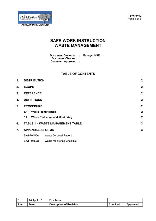 Waste Management Safe work instruction 安全工作指导 非洲矿业有限公司AML HSE安全管理制度 英文版